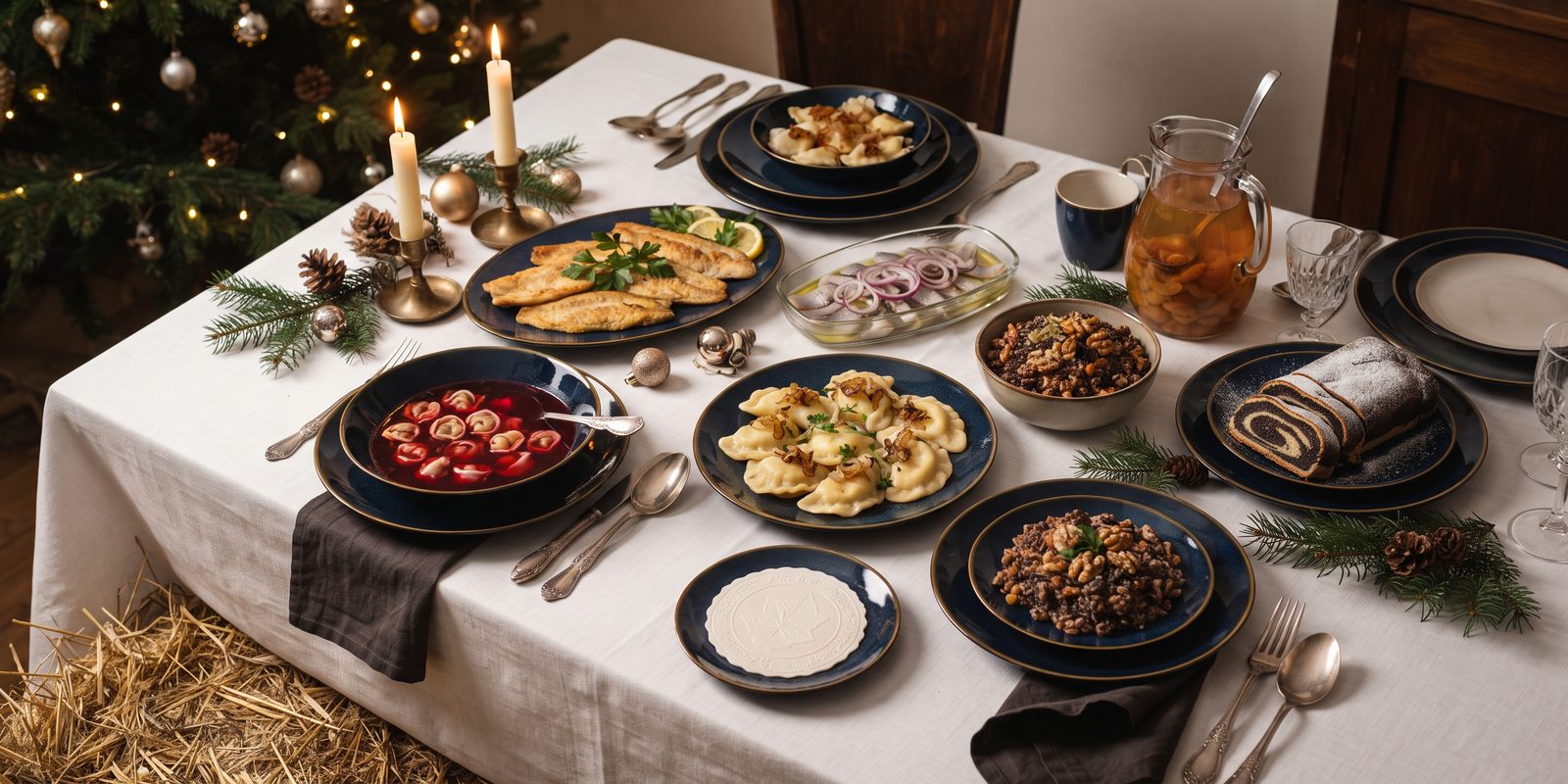 Stół wigilijny z barszczem z uszkami, pierogami, smażoną rybą, śledziami z czerwoną cebulą, kutią, makowcem, kompotem z suszu i opłatkiem, przy świecach i choince
