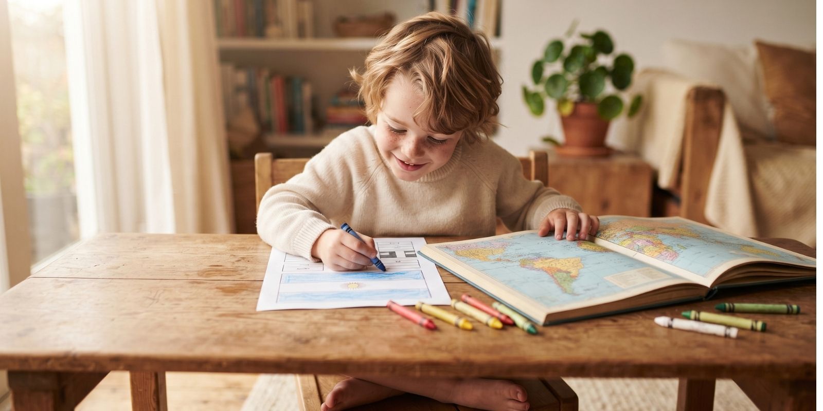Dziecko w wieku przedszkolnym koloruje kredkami stronę z flagą przy drewnianym stole, obok leży otwarty atlas świata, jakby porównywało kolory flagi z mapą