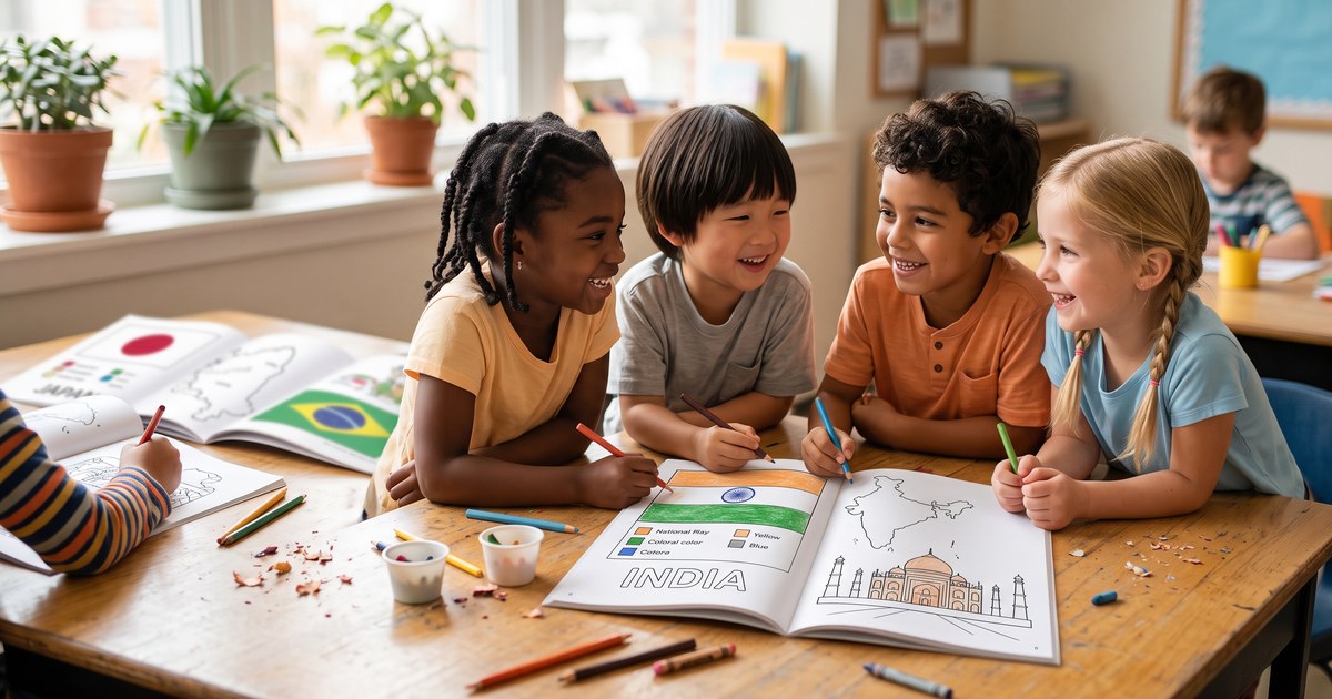 Four smiling children of different ethnic backgrounds coloring together a Children of the World coloring book page showing India's flag and the Taj Mahal