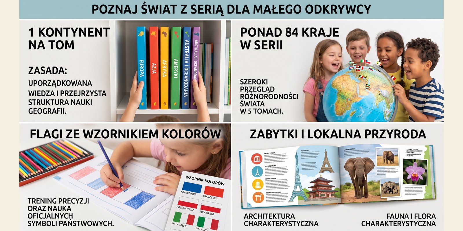 Czworo uśmiechniętych dzieci trzyma globus z flagami różnych krajów; obok grzbiety pięciu tomów serii Dzieci Świata i ich Kultury, dziewczynka koloruje flagę Francji według wzornika kolorów, a otwarta książka pokazuje wieżę Eiffla i słonie afrykańskie