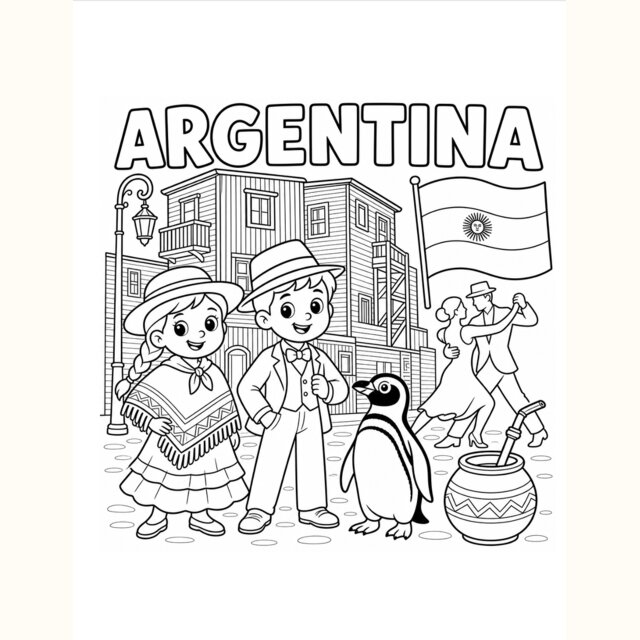 Karta do kolorowania — scena miejska w Argentynie, Buenos Aires i tancerze tanga