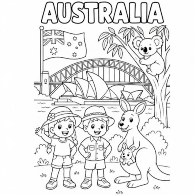 Karta do kolorowania — scena miejska w Australii, Opera w Sydney z koalą i kangurem