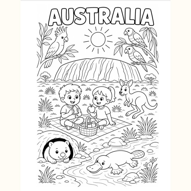 Karta do kolorowania — scena przyrodnicza w Australii, Uluru, wombat i dziobak