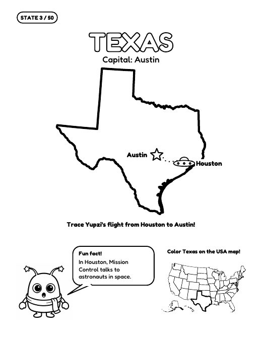 Texas state map activity page with the capital Austin and a flight path to trace